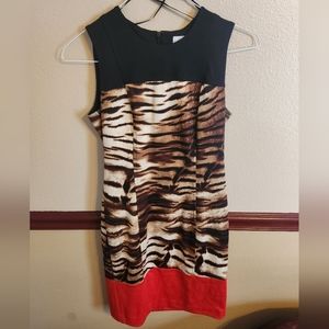 Calvin Klein ladies sleeveless zebra print dress with black upper and red bottom